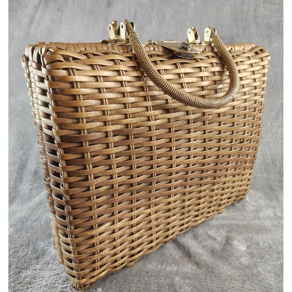 Vintage Woven Wicker Handbag Gold Coiled Top Handle Box Purse Tan Mid Century